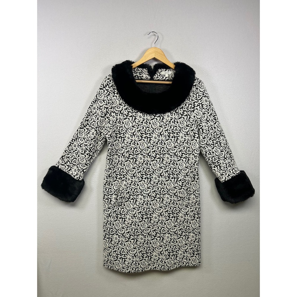 Mod Glam tyler böe Womens Large Black White Faux Fur Trim Jacquard Shift Dress